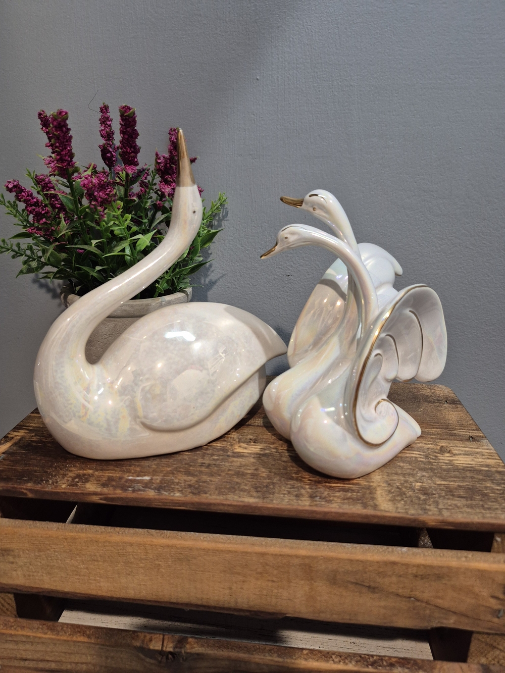 Vintage Mid Century Iridescent White Ceramic Swan Figurines Set Of 2